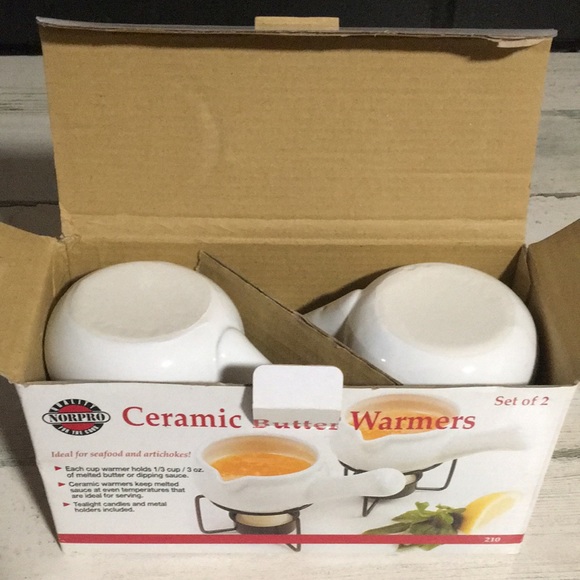 Ceramic butter warmers set of two including tea light candles and metal holders - Picture 2 of 3